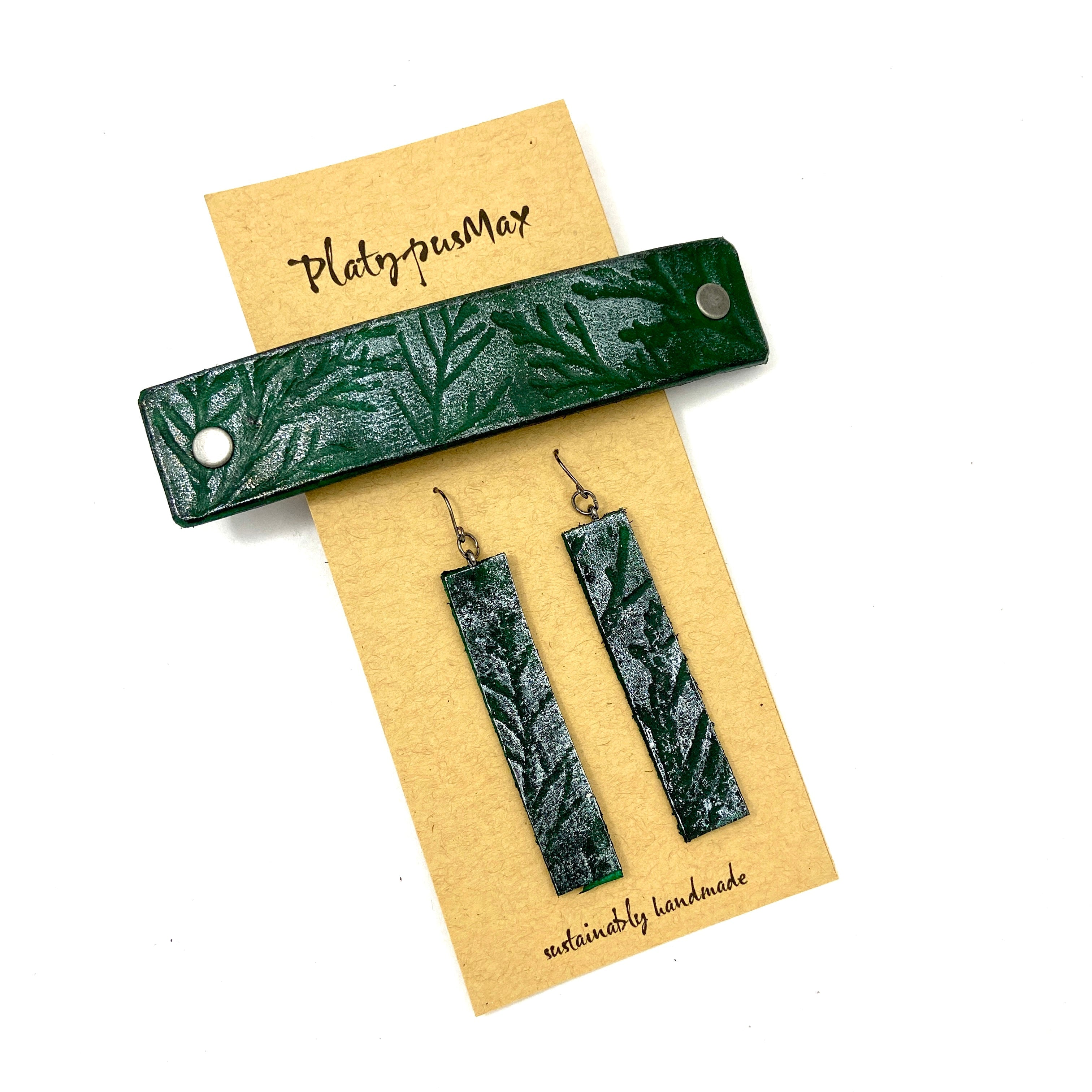 Green Juniper Branches Barrette And Earring Gift Set - Rosetta Creative Boutique